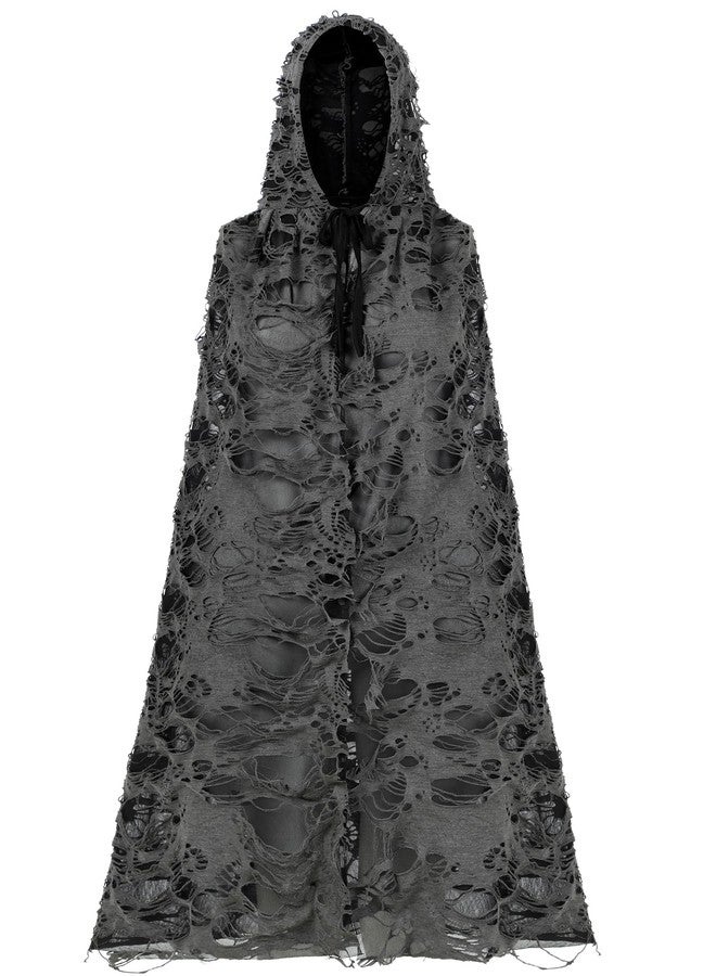 Fourluoo Halloween Tattered Cloak Grim Reaper Hooded Cape Retro Medieval Ghost Black Cape for Adult Halloween Wizard Cosplay - Image 1